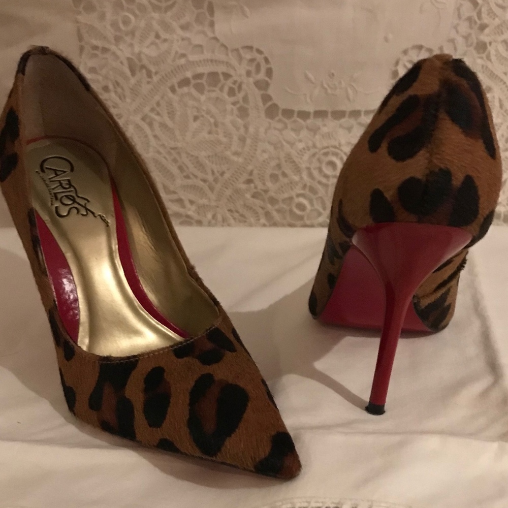 Carlos red stiletto heel, leopardcalfskin,sz 5 1/2